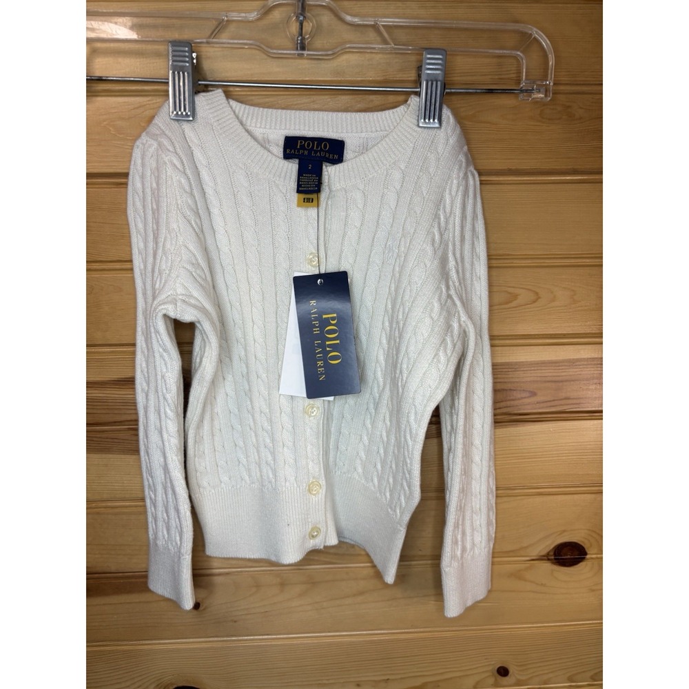 POLO RALPH LAUREN Pony Logo Cable Knit White Cardigan Sweater NWT $60 Size 2